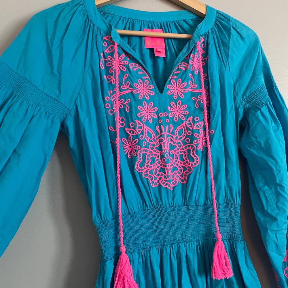 Lilly Pulitzer Embroidered Dress Womens XXS Blue Pink Boho Tassel Smocked